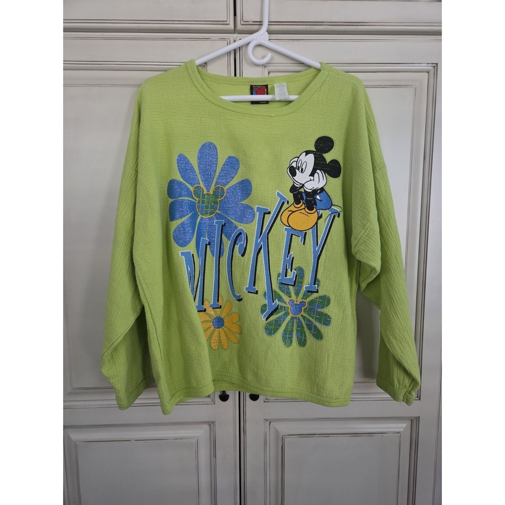 Mickey Mouse Unlimited Neon Lime Green Sweatshirt Women's Large Flower‎ Power